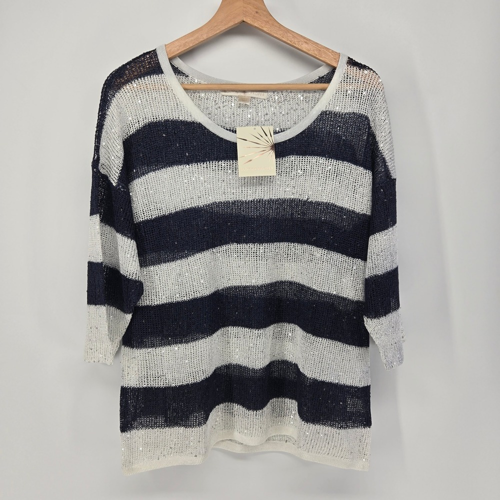 Boston Proper Stripe Sequin Sweater Women Large Navy White Nautical Open Knit L